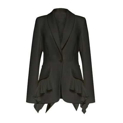 Women Blazer Elegant Turn-down Collar Single Button Patchwork Pleated Hem Slim Fit High-end Chic Coat Spring Autumn HK22596