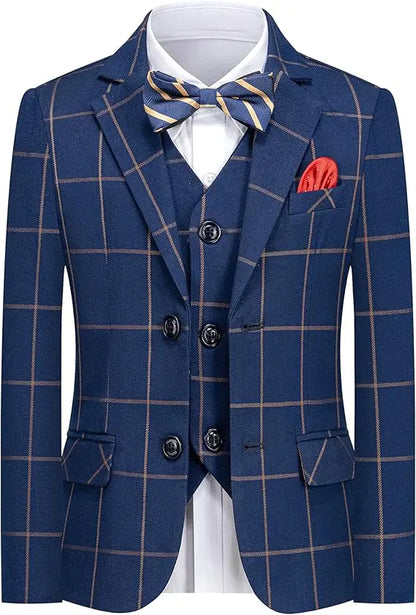 Gentleman Kids Blue 4Piece/Set Jacket Vest Pants Bowtie Photograph Suit Boys Piano Dress Children Graduation Performance Costume