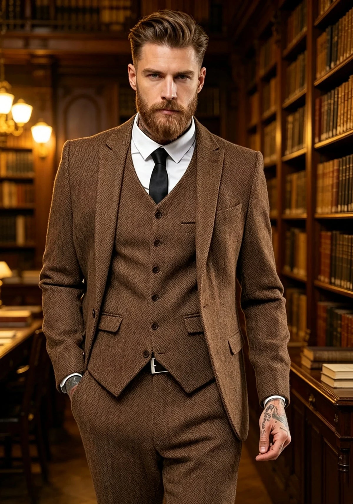 Dark Brown Wool Tweed Winter Suit for Men Herringbone Slim Fit Formal Groom Tuxedo 3 Piece Wedding Male Suits(Jacket+Vest+Pants)
