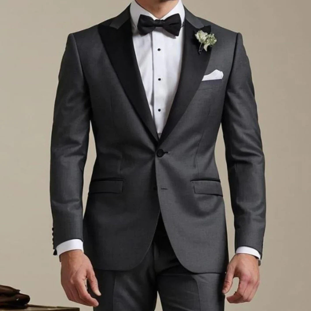 Men Suit 2 Pieces Gray With Black Lapel Single Button For Wedding Business Banquet Party Office Daily Work Set Jacket And Pants