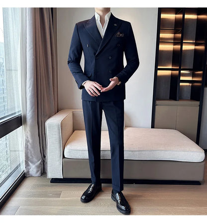 (Blazer + Trousers) Fashion Double Breasted Design Slim Men's Suit Italian Style Luxury Wedding Social Party Tuxedo 2 Piece Set