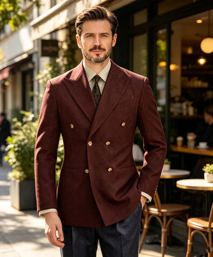 Burgundy Linen Blend Double Breasted Men's Blazer Peak Lapel Slim Fit Tailored Formal Men Suit Jacket For Wedding Groom Business