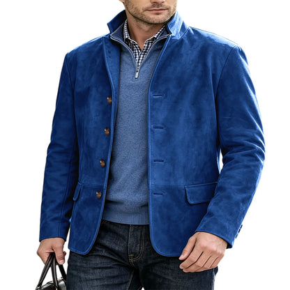Men's Suede Blazer Single Breasted Slim Fit Classic Stand Collar Suit Jacket for Weddings & Daily Wear