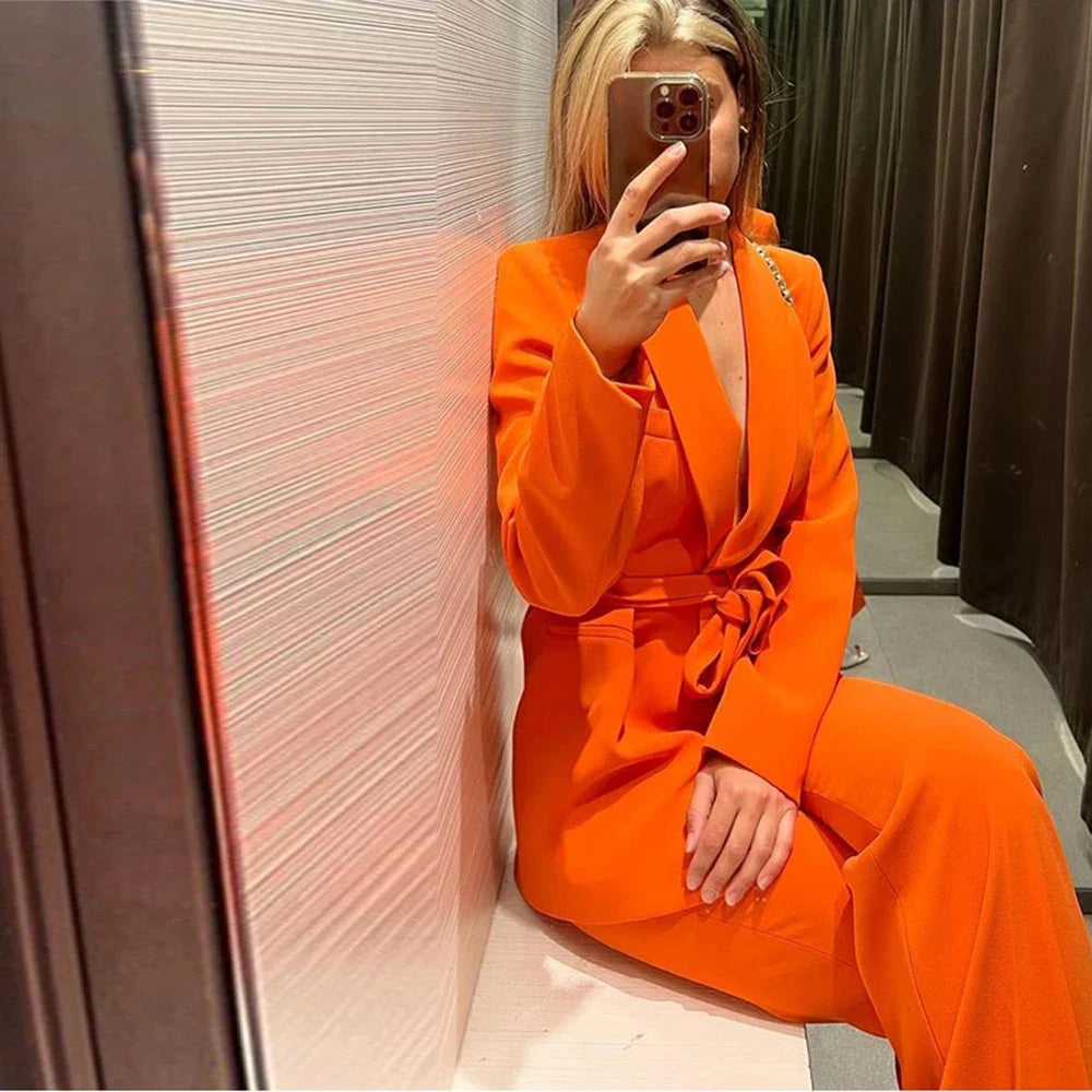 Elegant Shawl Lapel Women Suits Two Piece Summer Long Sleeves No Buttons Tuxedo Slim Casual Daily Pants Sets (Blazer+Pants)
