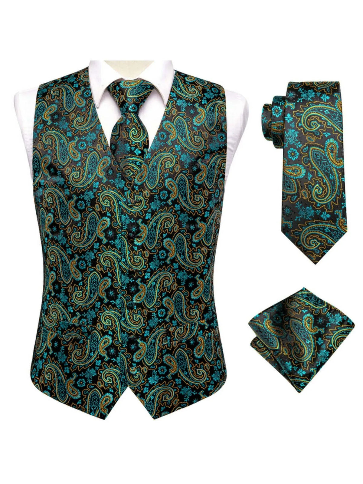 Men's Vest Set Double Breasted Waistcoat with Tie and Pocket Square for Party and Ceremony