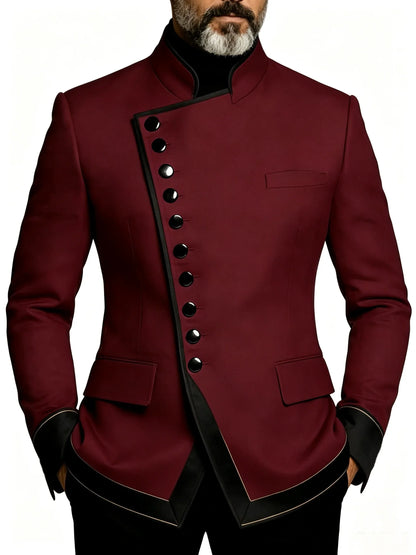 Mens Stand Collar Burgundy Gold Piping Slim Fit Luxury Formal Blazer