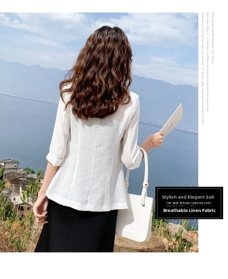 Summer New Sle Women's Linen Suit Jaet Thin Seven-Quarter Sve Drapey Fit Formal Wear Casual Commute Pure Color