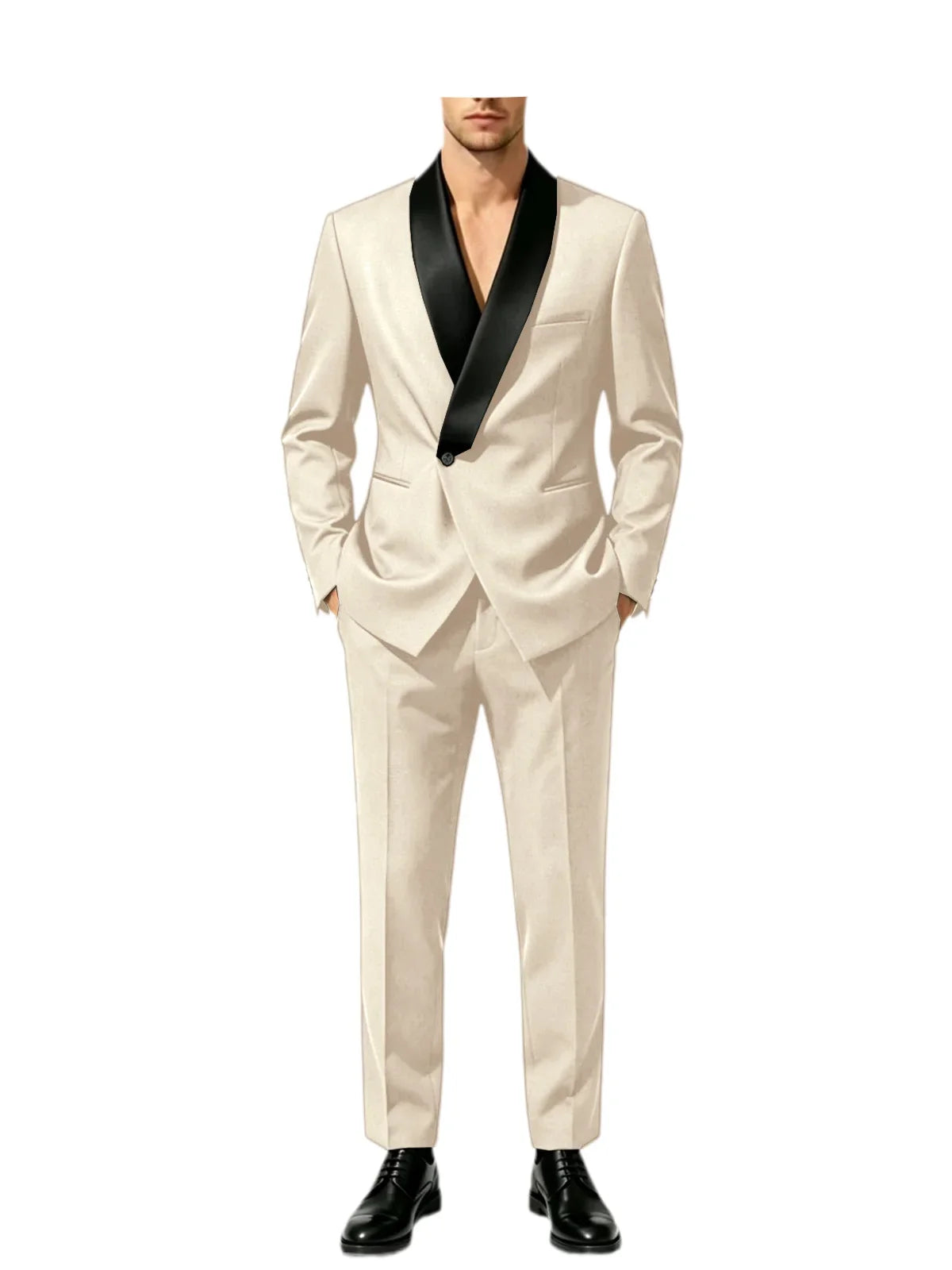 Men's Slim Fit Tuxedo Suit with Black Satin Shawl Lapel – 2-Piece Blazer & Pants for Wedding, Prom & Formal Events