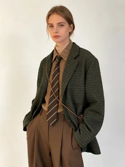 Women's Army Green Loose Plaid Blazer Y2k 2000s Vintage Casual Fashion Suit Coat Japanese Oversize Suit Jacket for Women Autumn