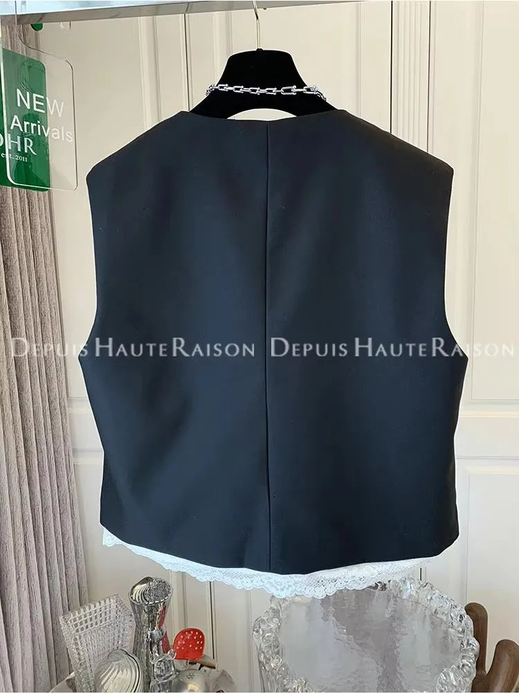 Fashion Loose Lace Patchwork Fake Two-piece Suit Vest Jacket Women's Korean  Spring  Autumn Sleeveless Top