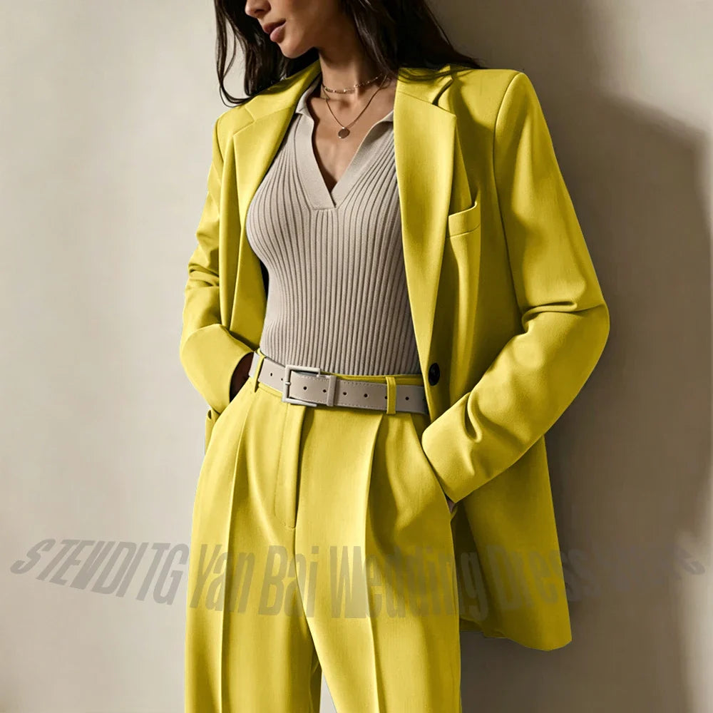 Dusty Blue Women Suits Casual Loose Single Breasted Blazer Pants 2 Piece Minimalist Fashion Office Daily Wear Outfit Set