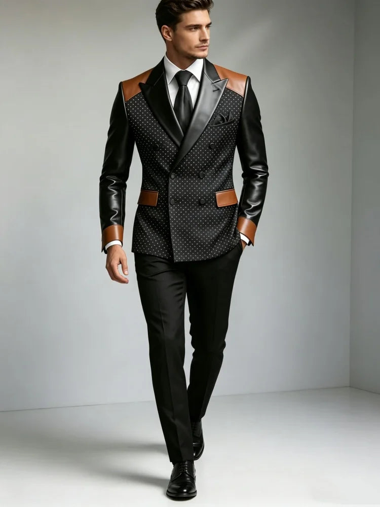 Men White Polka Dot Double Breasted Blazer Two-Tone Brown & Black Faux Leather Lapel Sleeve Trim Slim Fit Wedding Stage Groom Fo