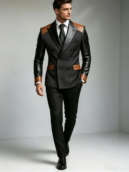 Men White Polka Dot Double Breasted Blazer Two-Tone Brown & Black Faux Leather Lapel Sleeve Trim Slim Fit Wedding Stage Groom Fo
