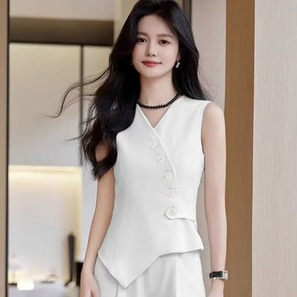 Office Female Suits Vest Coat Spring Summer V-Neck Diagonal Buckle Sleeveless Blazers Jacket Women Fashion Thin Slim Waistcoat