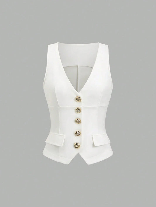 Metal Buckle Sleeveless Vest with Faux Pockets Blazer Jacket