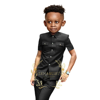 Boys Suit Black 2 Pieces Short Sleeve Party Tuxedo Formal Wedding Kids Clothes Indian Style Blazer Pants 2-16 Years Old