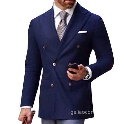Blue Shawl Lapel Double Breasted Suit Jacket for Men Slim Fit Comfortable Wedding Blazer Prom Tops Regular Fit