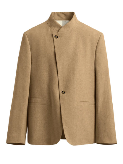  Mandarin Collar Men‘s Blazer Linen Blend Chinese Stand Collar Men Jacket Asymmetric Button Breathable Men Coat Wedding Party