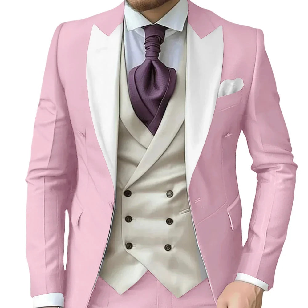 Fashionable Contrast Color Men's Suits 3 Pieces Jacket Vest Pants Dancing Sets Handsome Peak  Lapel Suit Set For Men Party Wear