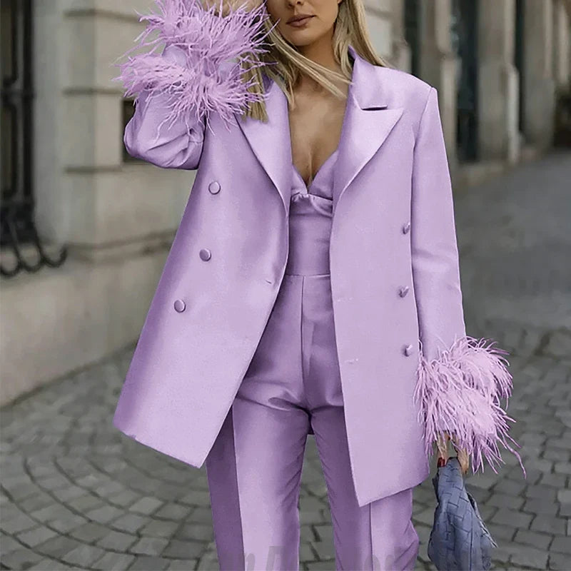 Classic Satin Women's Suit Set 2 Piece Exquisite Feather Double Breasted Jacket With Pants Evening Party Luxury Trouser Suits