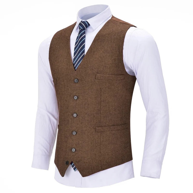 Men's Herringbone Vest Single Breasted Formal Waistcoat for Weddings and Business