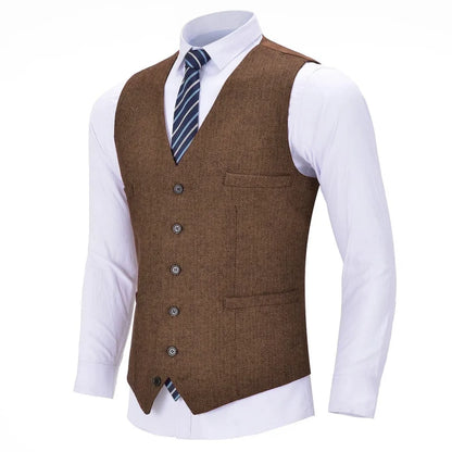 Men's Herringbone Vest Single Breasted Formal Waistcoat for Weddings and Business