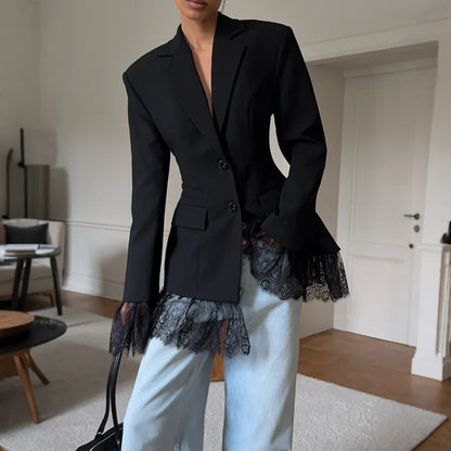 Elegant Black Lace Splice Long Sleeve Women's  Commute Style Fashion Design Polyester Fabric Business Casual Coat