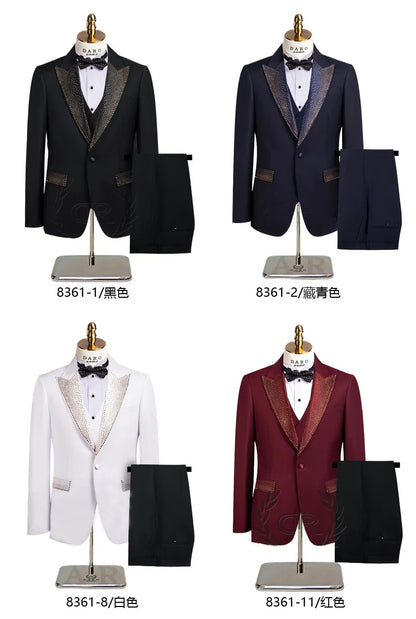 Rhinestone Lapel 3 Piece Suit Set (vest+Blazer+Trousers) Business Formal Casual Suits Wedding Groom Party Stage Men's Suit M-5XL