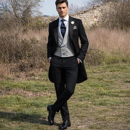 Men Suit Black 3 Pieces Gray Vest With Lapel For Wedding Birthday Banquet Party Business Work Office Tuxedo Jacket Vest Pants