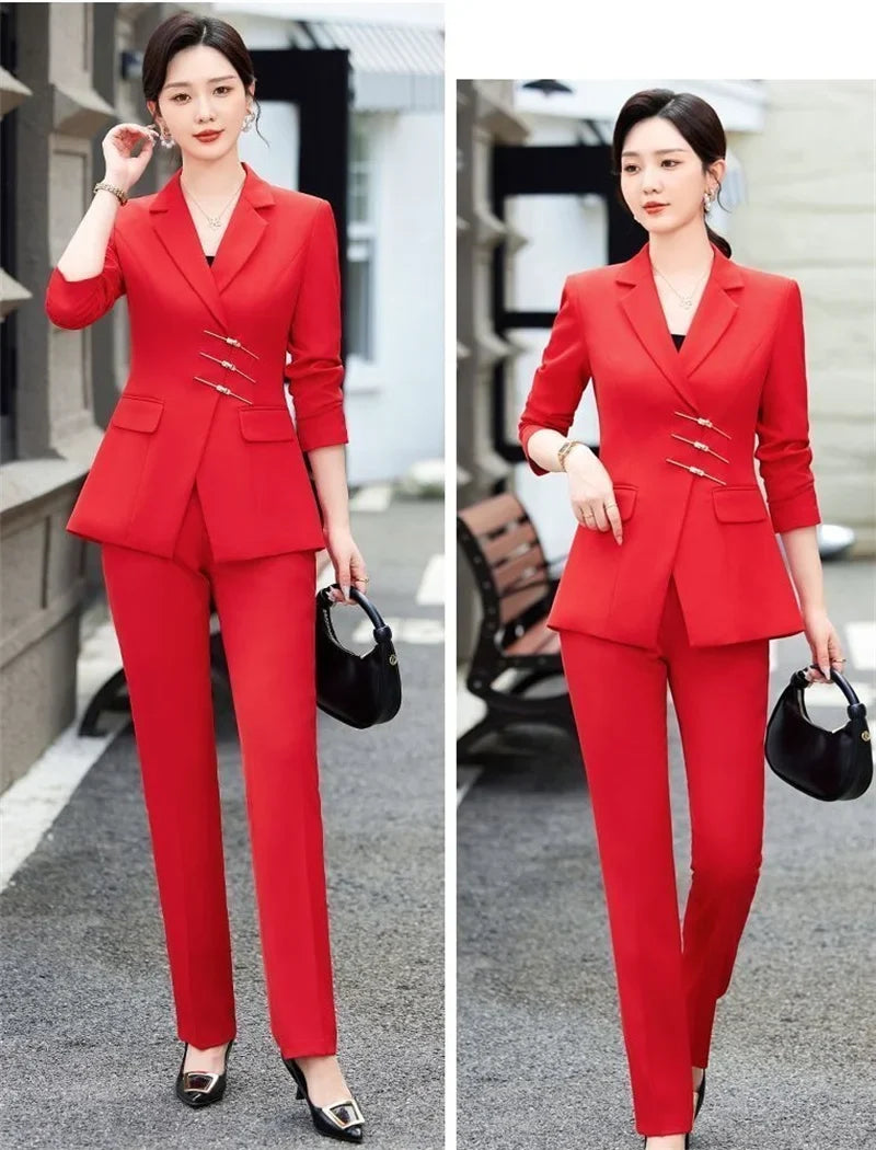 2025 Fashion White Red Black Blazer Jacket And Pant Suit Trousers Women Female Office Ladies Work Wear Formal 2 Piece Set