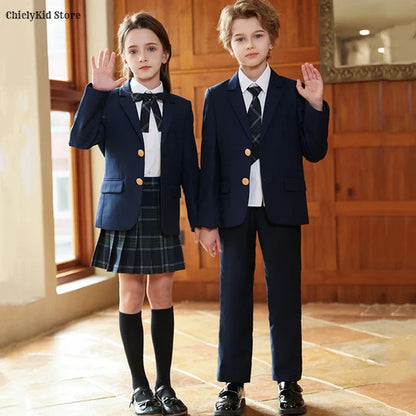 Girls Jacket Plaid Skirts Suits Boys Blazer Formal Dress Toddler Student Clothes Sets Children School Uniform Kids Class Outfits