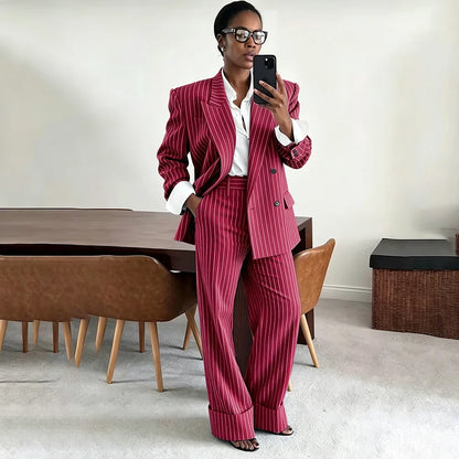Neutral Gray Pinstripe Oversized Matching Sets Double Breasted Women's Suit Casual Formal 2-Piece(Jacket+Pants) Office Set