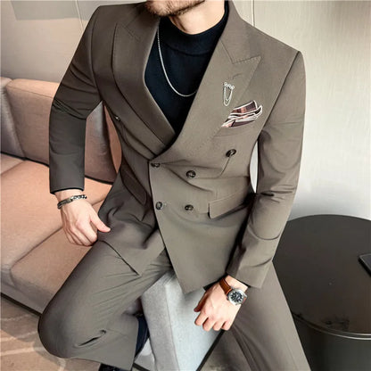 (Jacket + Pants) Fashion Double Breasted Design Slim Men's Suit Italian Style Luxury Wedding Social Party Tuxedo 2 Piece Sets