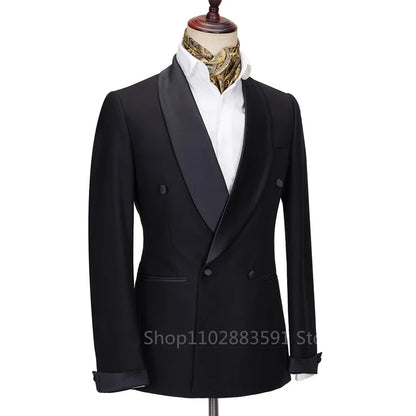 2 Pieces New Men Suit Black Satin Lapel Tuxedo Double Breasted Wedding Shawl Lapel Party Costume Groom Male Wear