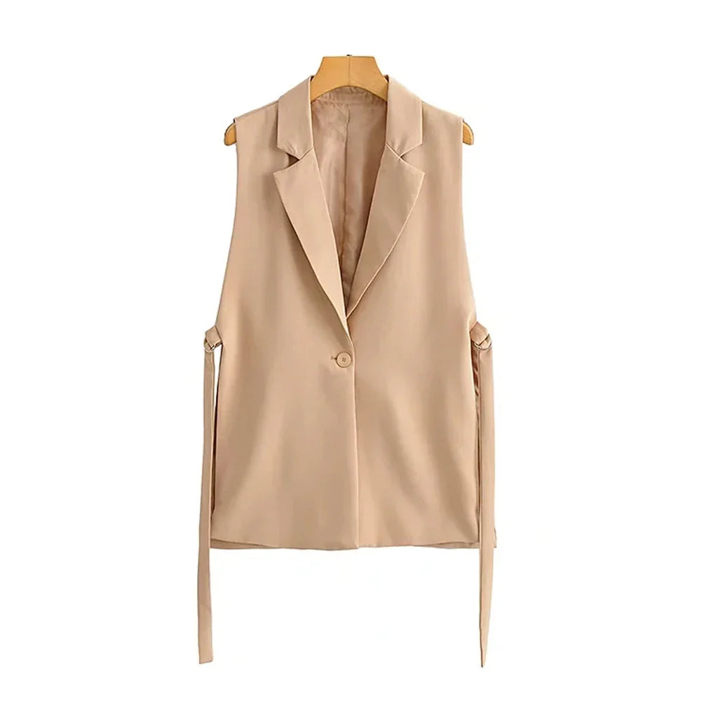 Women Fashion With Taps Side Vents Waistcoat Vintage Sleeveless Front Button Female Outerwear Chic Vest Tops