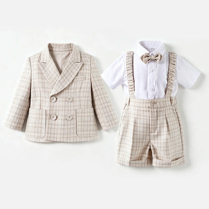 Plaid Suit Set for Boys Formal Blazer Toddler Gentleman Shorts BowTie Perfect for Wedding Birthday Baptism Party Dress Outfit