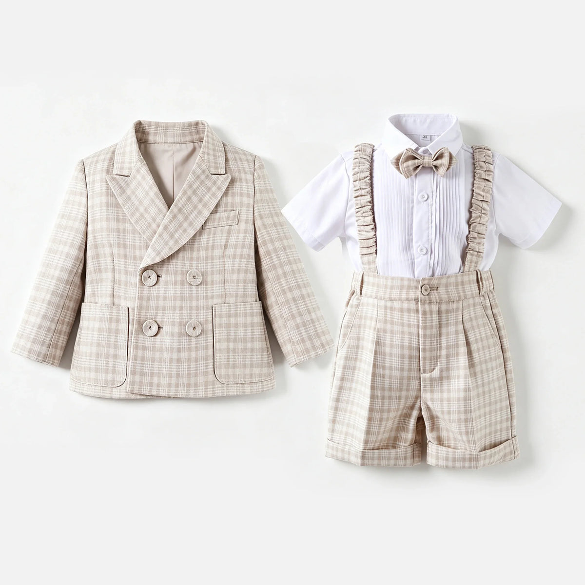 Toddler Gentleman Plaid Suit Set Boys Formal Blazer Waistcoat Suspender Shorts BowTie Wedding Birthday Baptism Party Dress Outft
