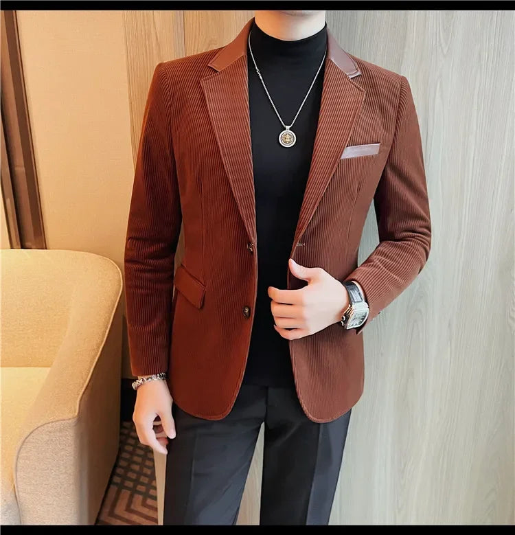 Autumn Winter Corduroy Suit Coat For Men Korean Elegant Slim Fit Business Formal Dress Coats Groom Wedding Tuxedo Suit Jacket