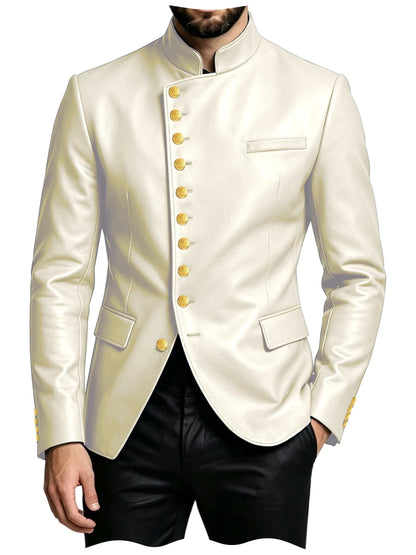 Luxury PU Men's Suit Blazer Single Breasted Stand Collar Slim Fit Leather Jacket Vintage High Quality Business Party Male Tuxedo