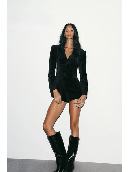 Spring 2026 Dark Style Short Velvet Suit One-Piece Pants Women Slimming Long Sleeve Business Casual Fashionable Tracksuit