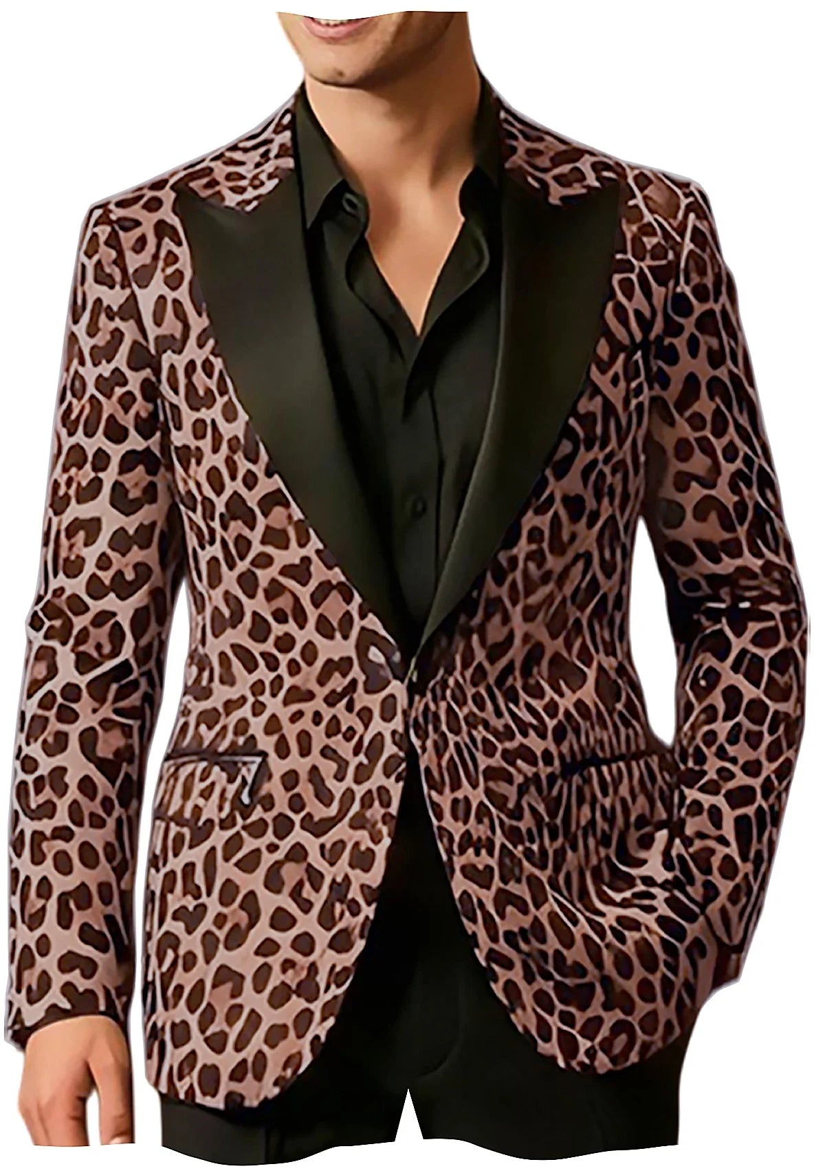Men's Slim Fit Blazer Leopard Print Satin Lapel Single Button Jacket for Wedding Party
