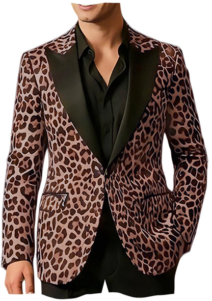 Men's Slim Fit Blazer Leopard Print Satin Lapel Single Button Jacket for Wedding Party