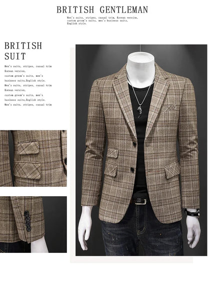 Top Quality Luxury Plaid Business Slim Fit Men Blazer Jacket 2024 Spring Autumn Casual Blazers For Men Elegant Dress Suit Jacket