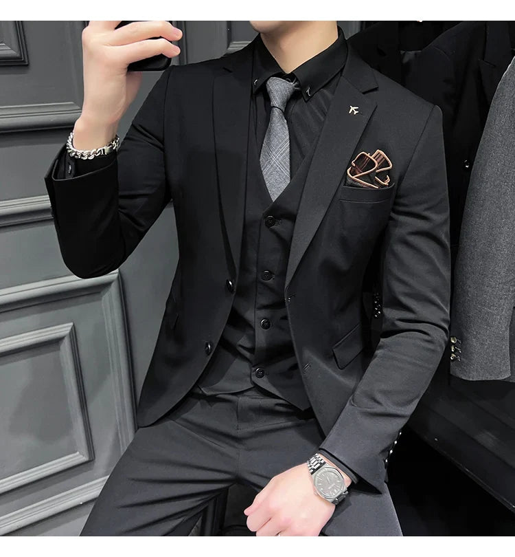 Men's Slim Fit 3-Piece Suit – Solid Color, Smart Casual & Wedding