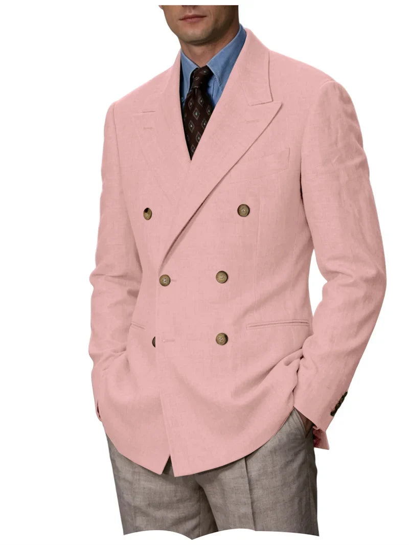 Men Linen Blazer Double Breasted Jacket Lightweight Soft Slim Coat For Business Wedding Casual Daily Party Vacation Dating