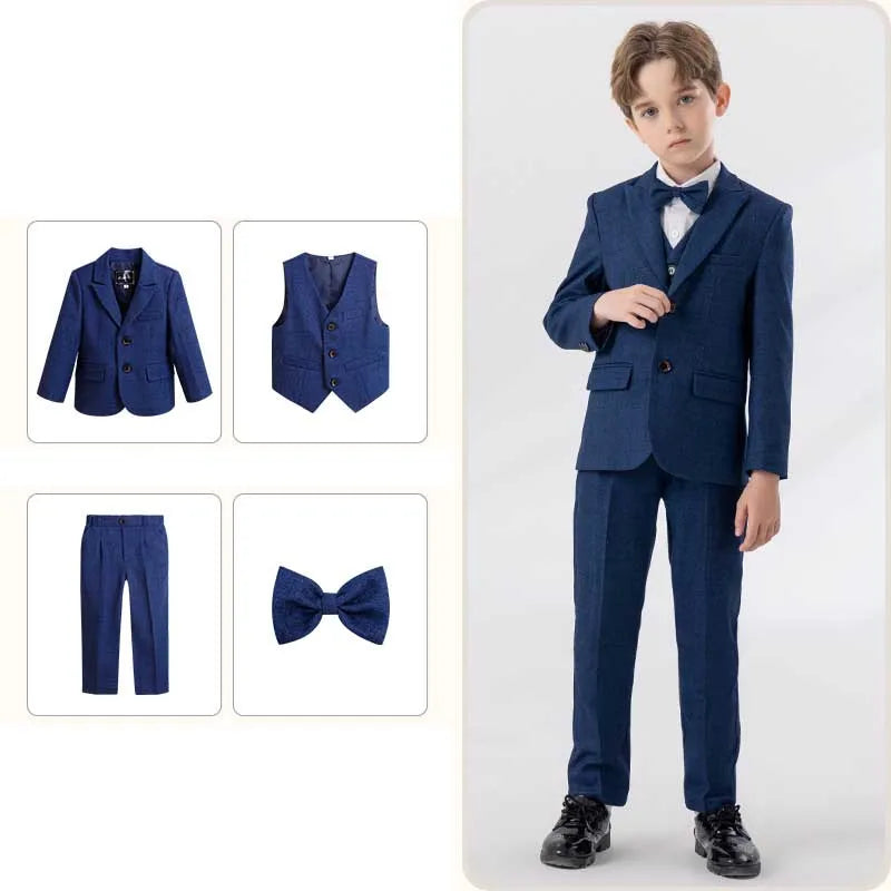 Children Navy Blue Spring 4Piece/Set Jacket Vest Pants Bowtie Piano Dress Kids Ceremony Photograph Suit Boys Performance Costume