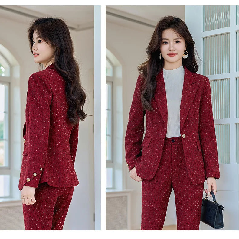 Fashion Women Suits 2024 New Autumn Winter Temprament Business Formal Slim Blazer And Flare Pants Office Ladies Work Wear