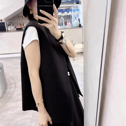 Ladies Solid Color Vest Top Outwear Korean Femme Casual Suit Collar Sleeveless Jacket Spring Women Fashion Loose Waistcoat Coat