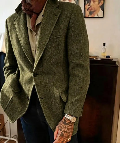 Mens Herringbone Tweed Blazer Vintage Wool Blend Houndstooth Jacket Regular Fit Notch Lapel Business Casual Outerwear Coat
