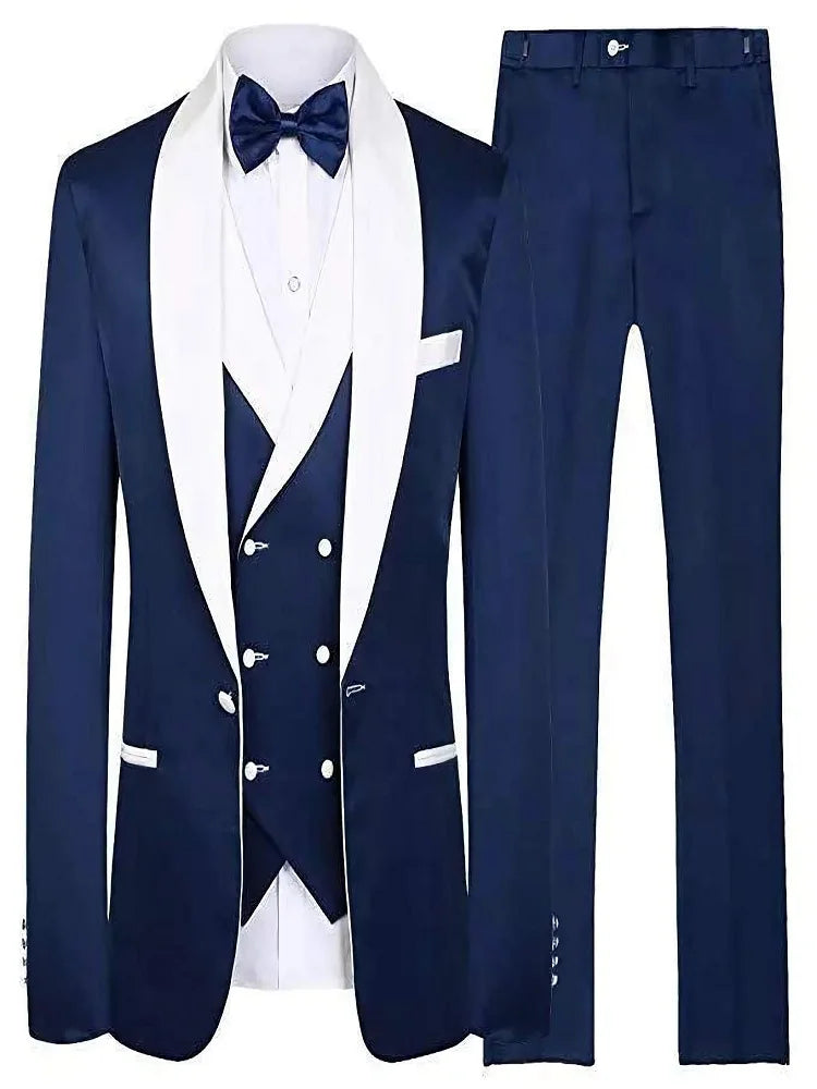 Men's Suit Navy Blue Groom Tuxedos White Shawl Lapel Men Suits with Pants Wedding Business Suit 3 Piece